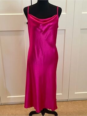 bebe Hot Pink Satin Slip Dress With Draped Neckline